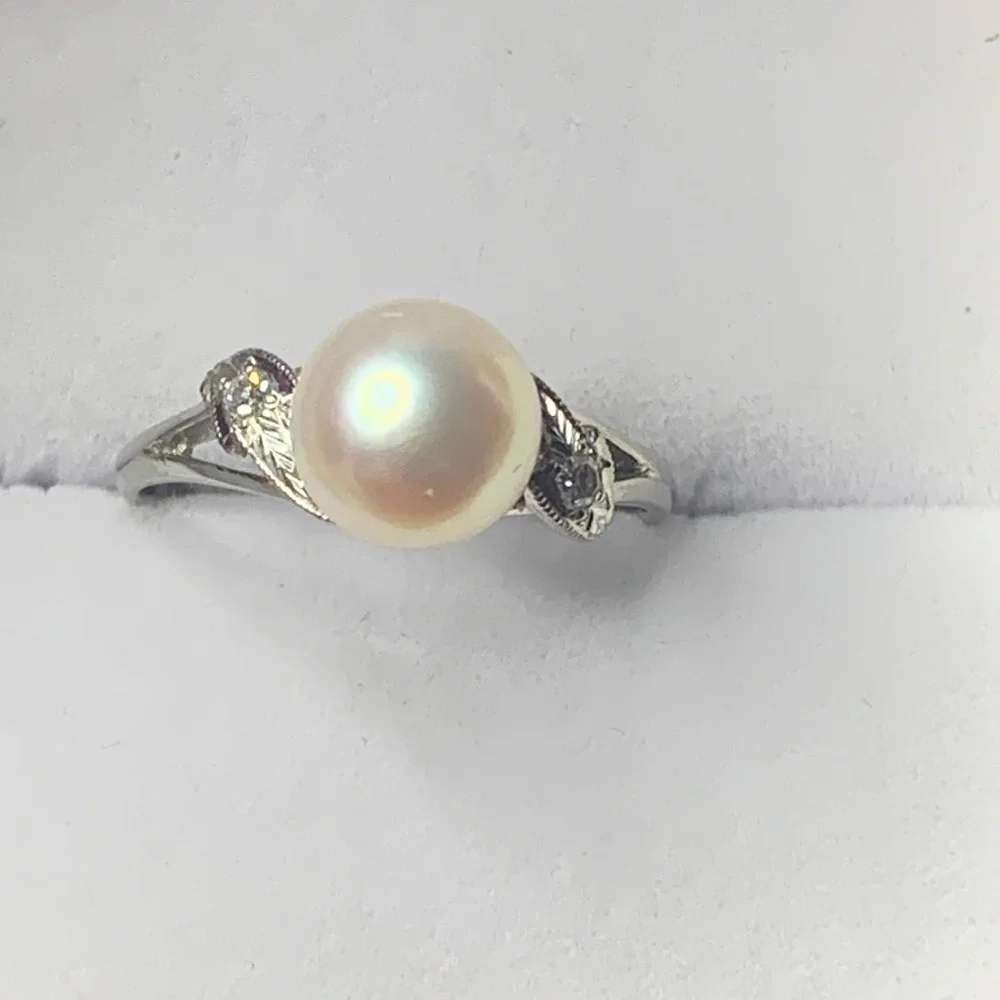 14kt White Gold Mikimoto Akoya Pearl Genuine Natural Diamond Ring Size 7 - Picture 6 of 16